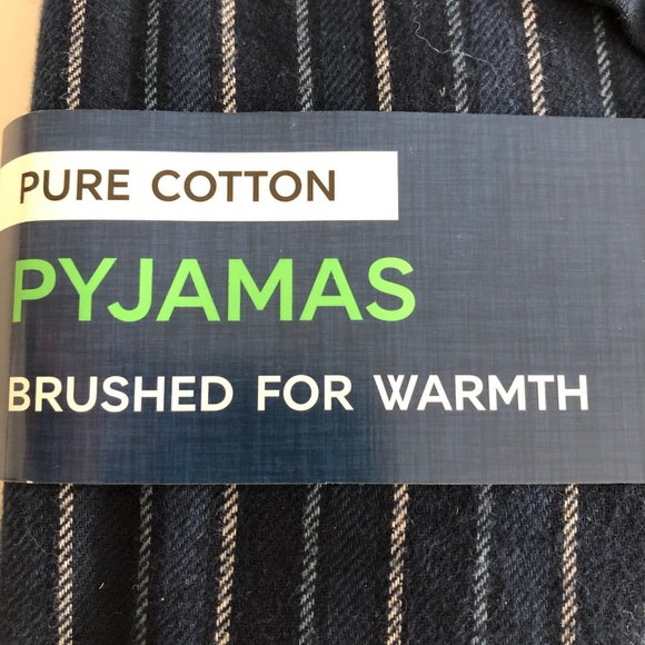 M&S Marks and Spencer 2 Pce 100% Brushed Cotton Striped Pajama Set Blue Sz L NWT - Picture 3 of 9